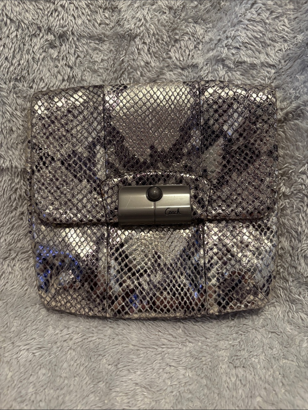 Coach Silver Metallic Snakeskin-Print Foldover Clutch
